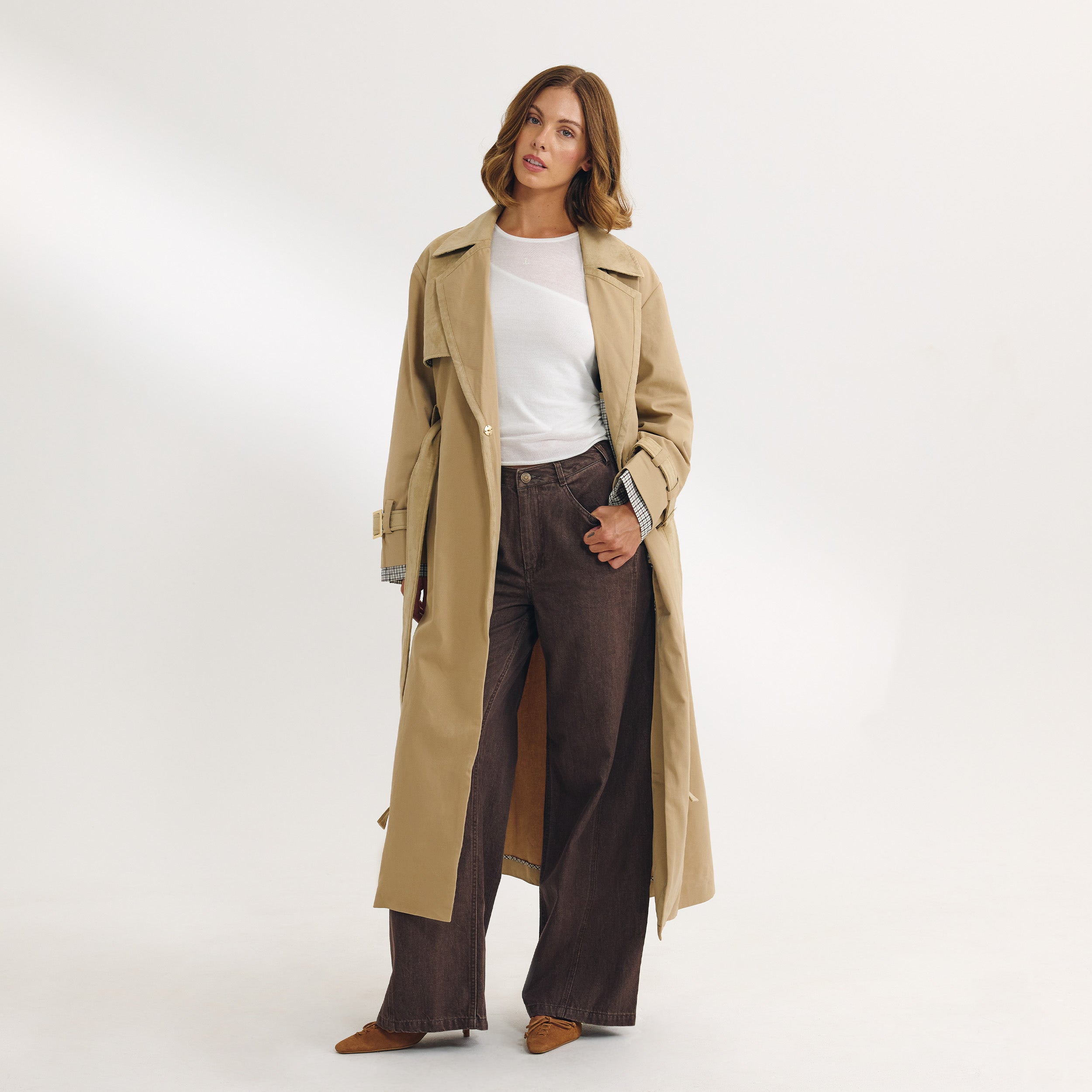 Suedette Trim Trenchcoat | Suedette Trim Trenchcoat - Zand