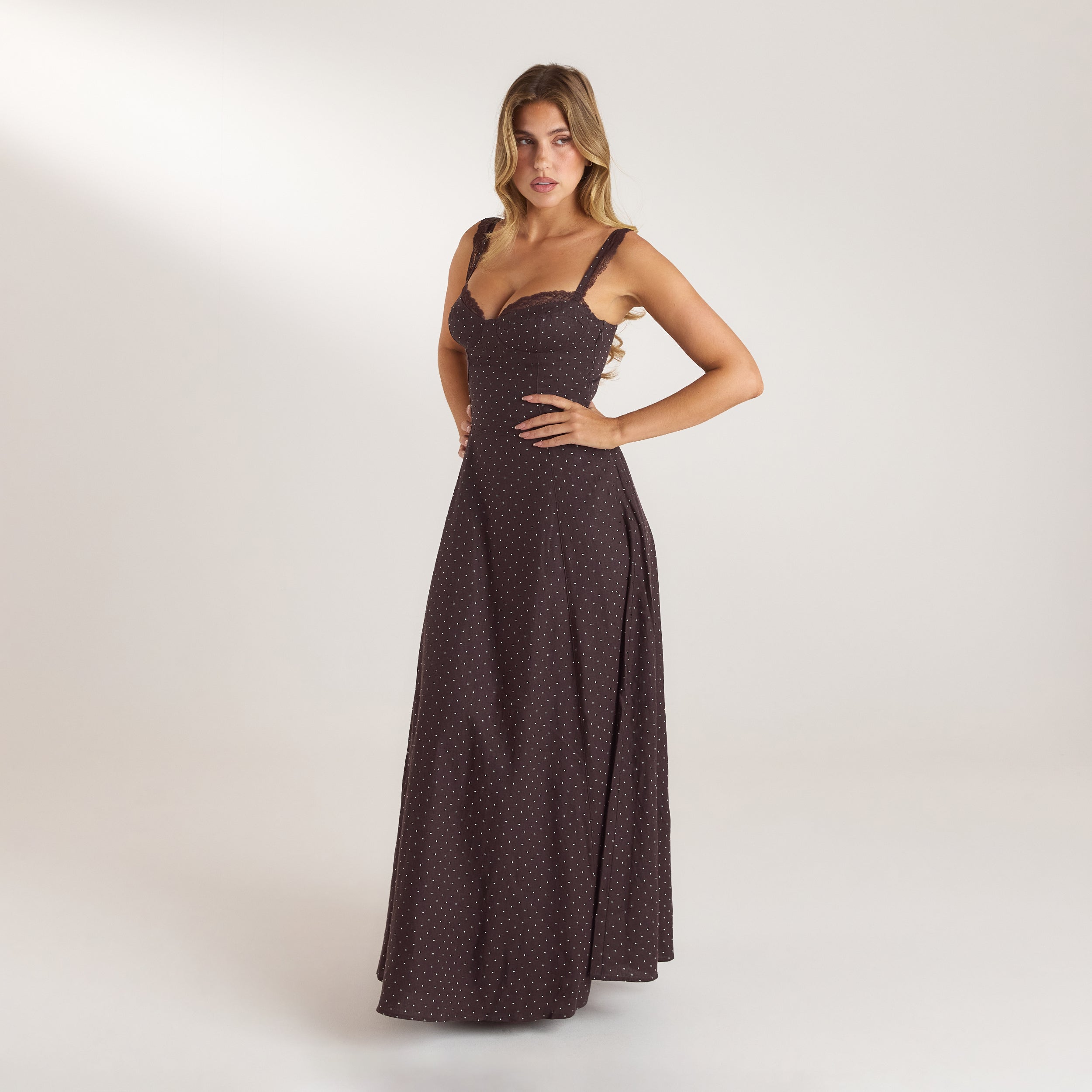 Lace Trim Maxijurk | Lace Trim Maxijurk - Chocolade Polka Dot