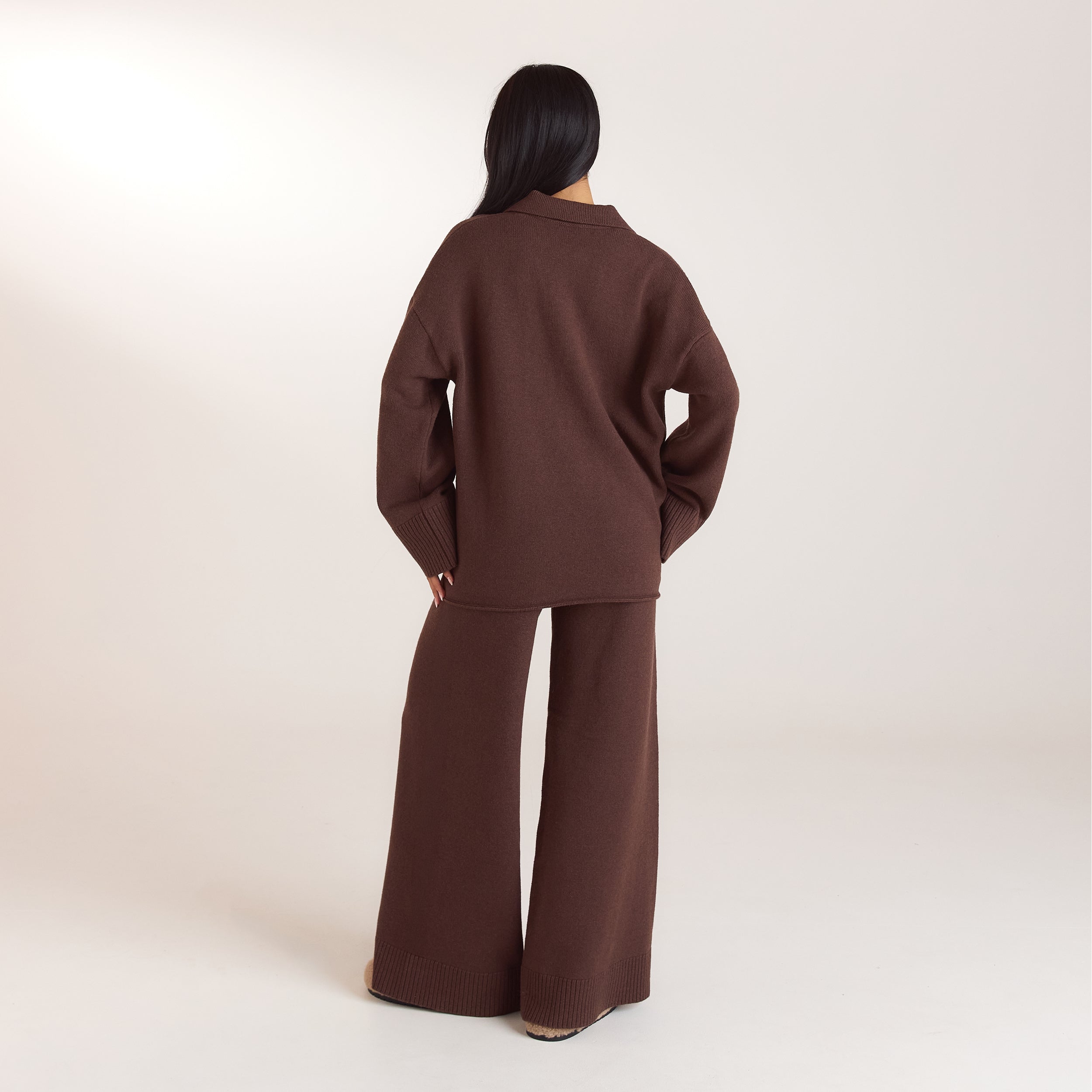 Gebreide broek met geribde zoom | Gebreide broek met geribde zoom - Chocolade