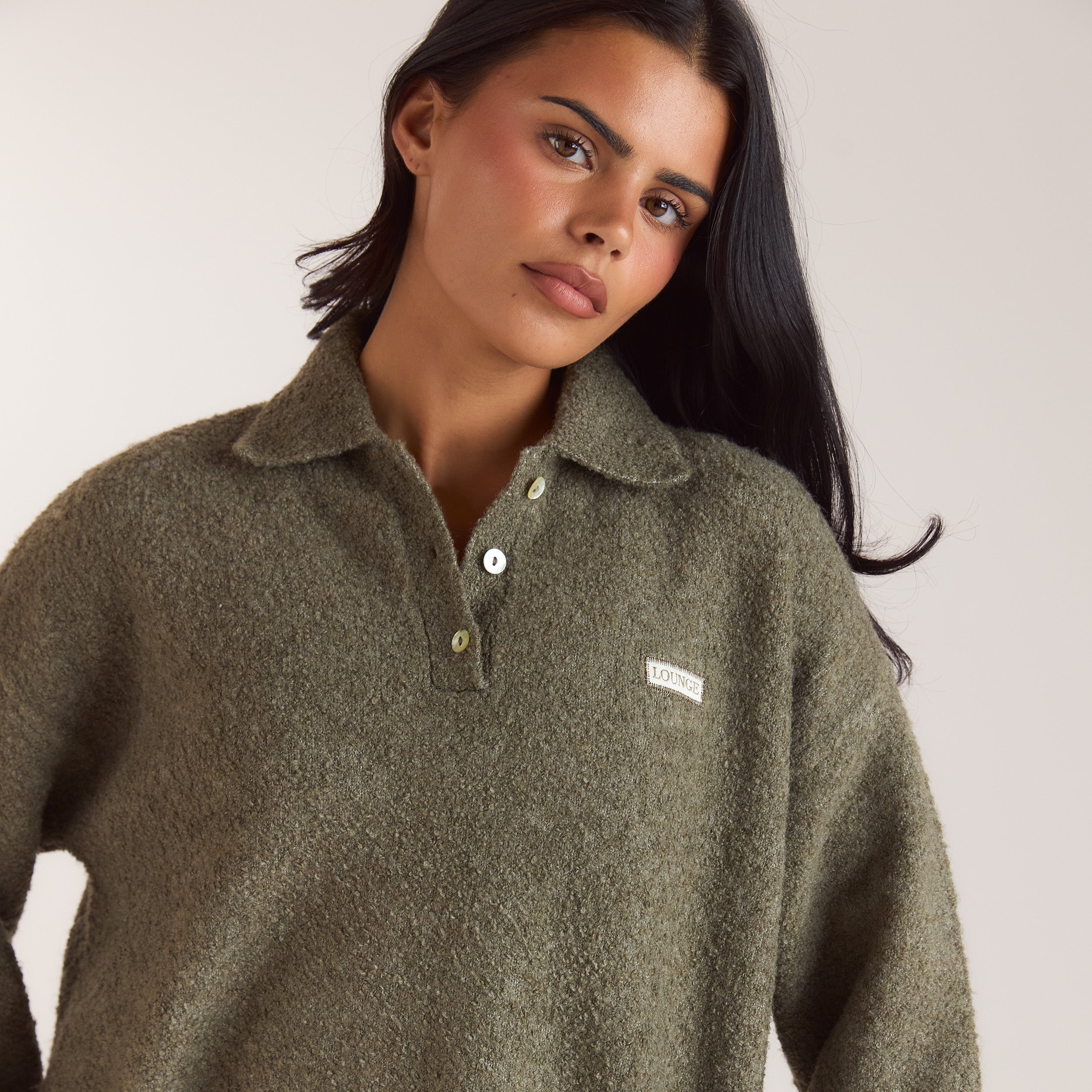 Bouclé-gebreide polo jumper | Bouclé-gebreide polo jumper - Kaki