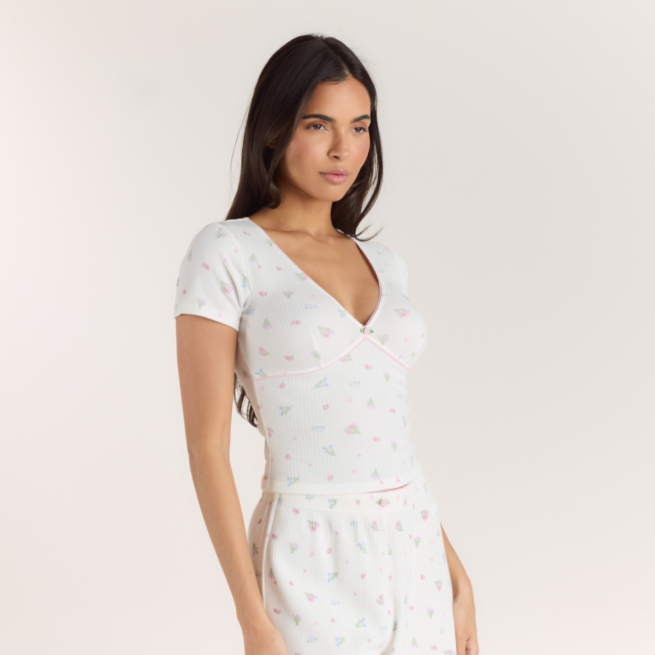 RIibbed Pyjama Top met korte mouwen | RIibbed Pyjama Top met korte mouwen - Witte Bloemenprint