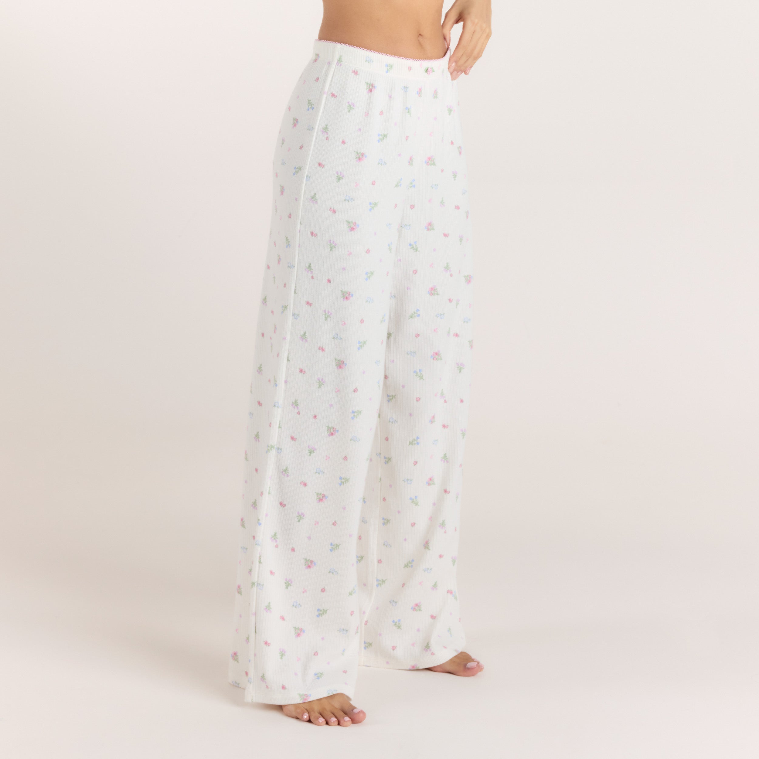 Ribbed Pyjama Broek | Ribbed Pyjama Broek - Witte Bloemenprint