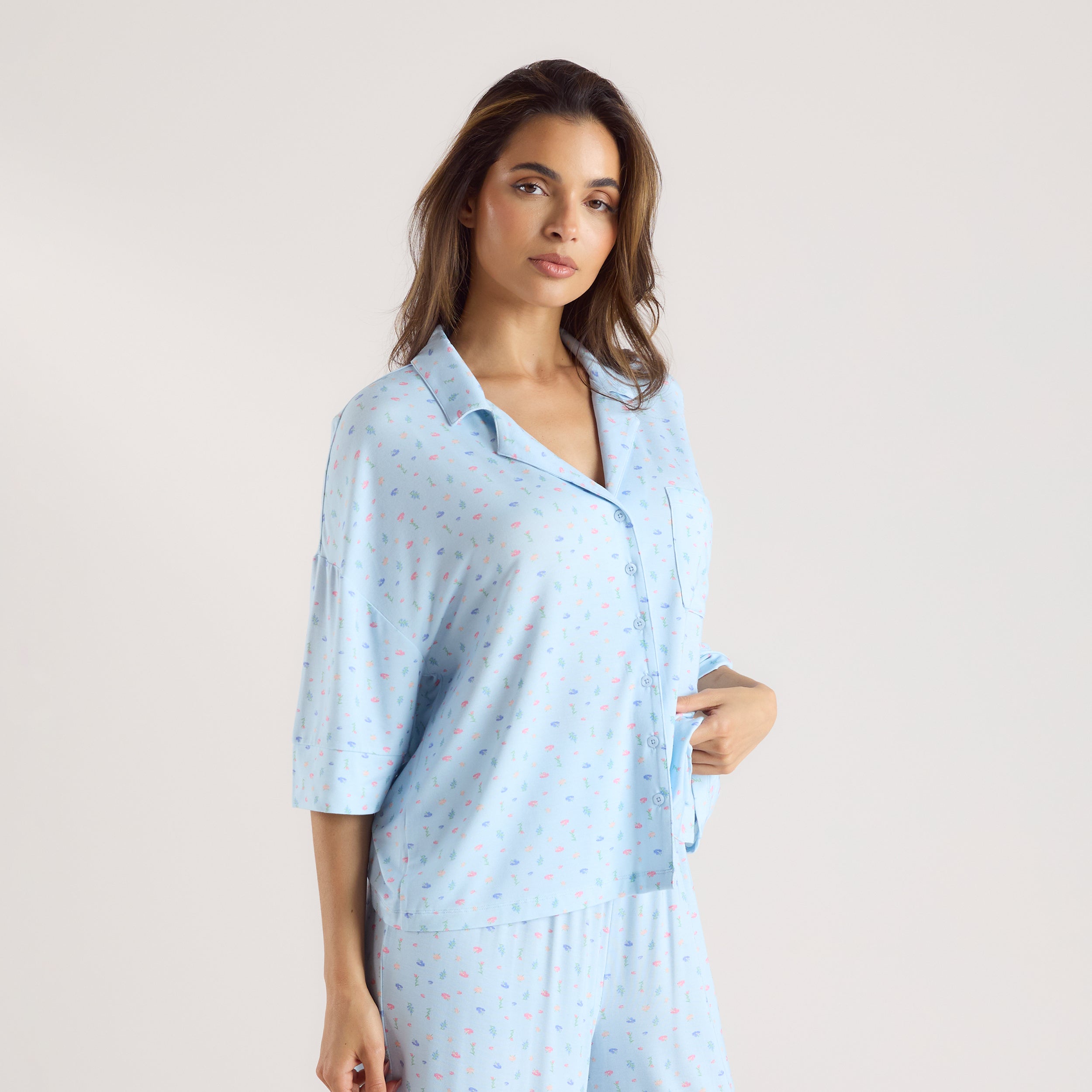 Modal Pyjamashirt met Korte Mouwen | Modal Pyjamashirt met Korte Mouwen - Blauwe Bloemenprint