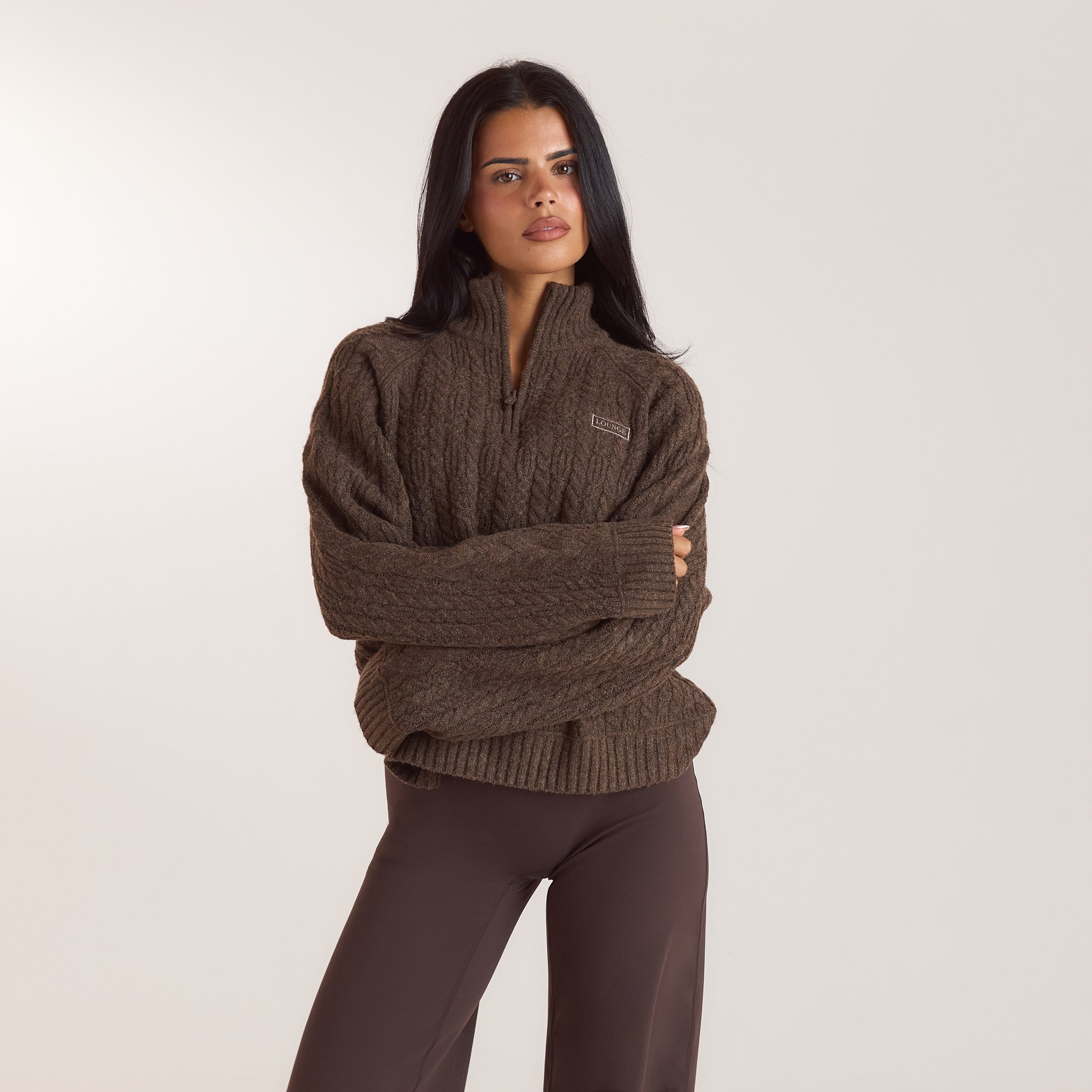 Jumper met gevlochten patroon en kwartrits | Jumper met gevlochten patroon en kwartrits - Taupe