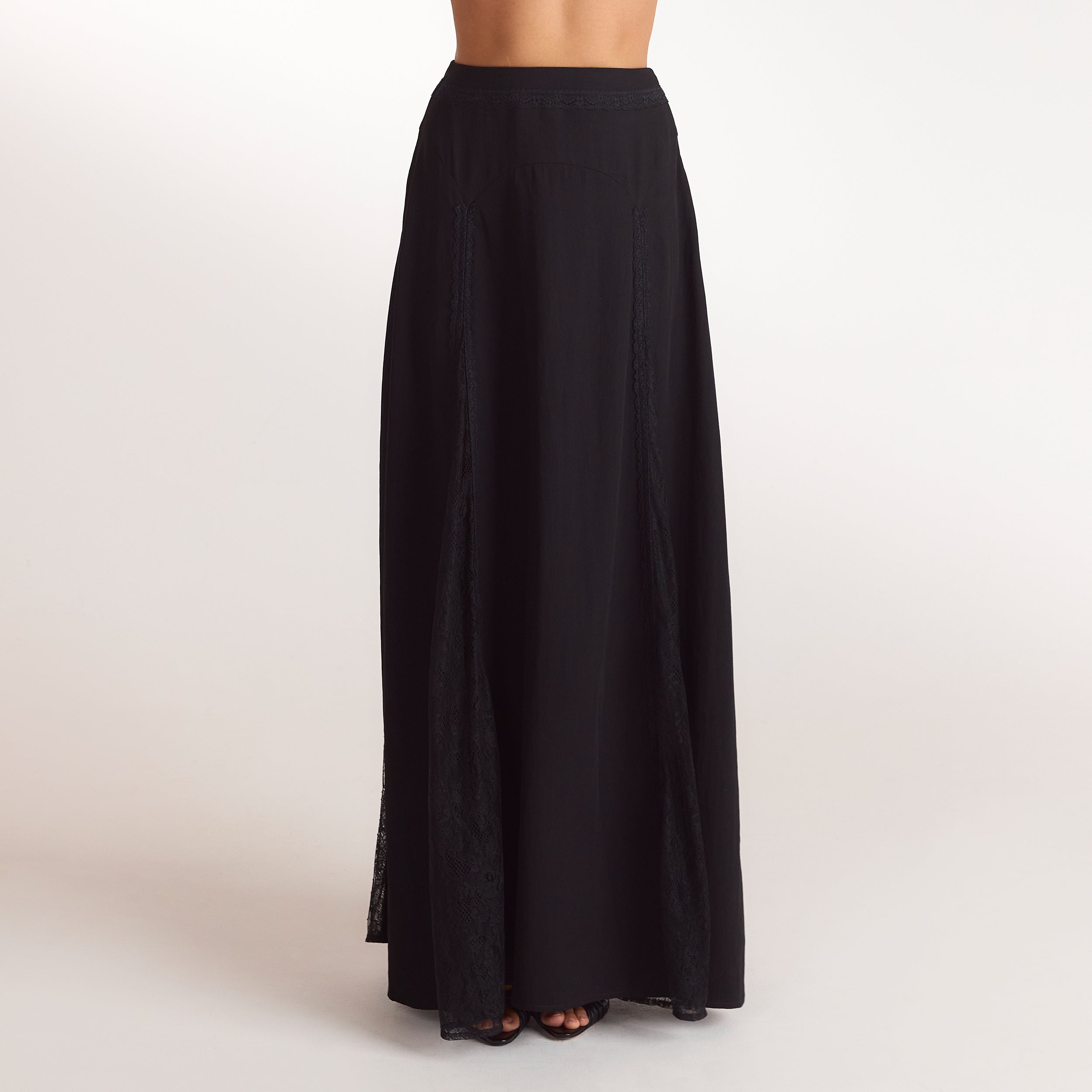 Maxi-rok met kanten inzetstukken | Maxi-rok met kanten inzetstukken - Zwart