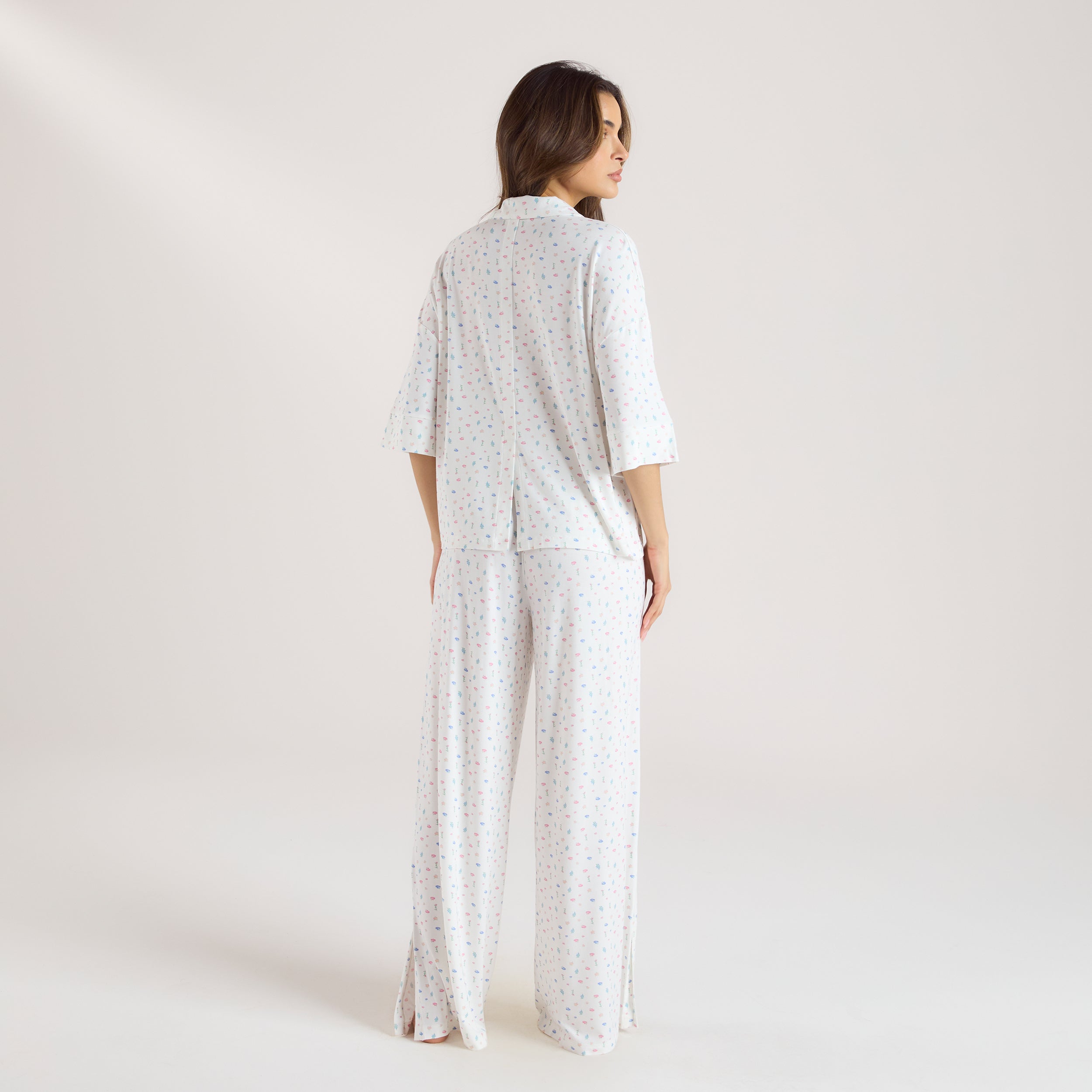 Modal Pyjamashirt met Korte Mouwen | Modal Pyjamashirt met Korte Mouwen - Witte Bloemenprint