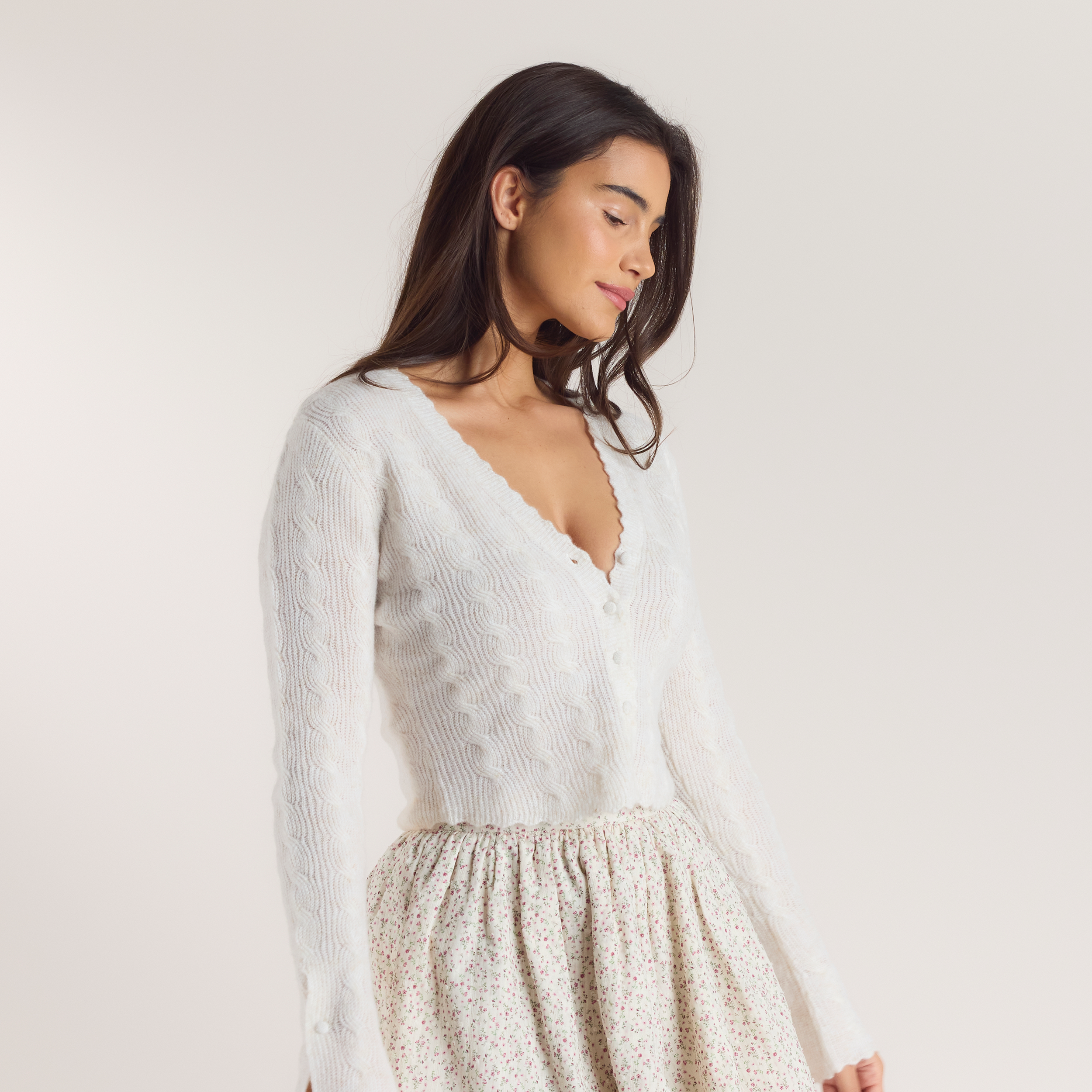 Gebreid Vest met uitlopende mouwen | Gebreid Vest met uitlopende mouwen - Crème