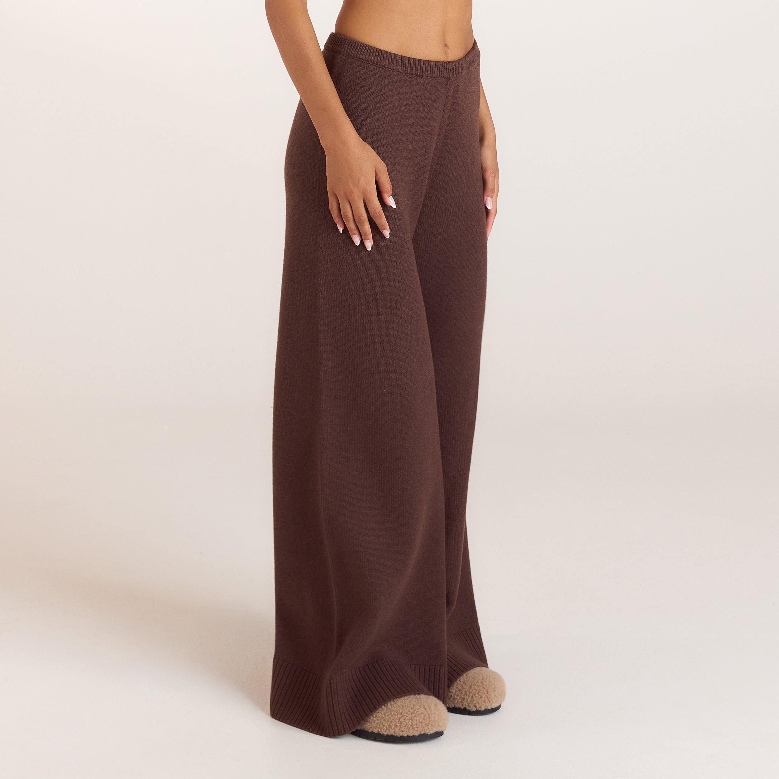 Gebreide broek met geribde zoom | Gebreide broek met geribde zoom - Chocolade