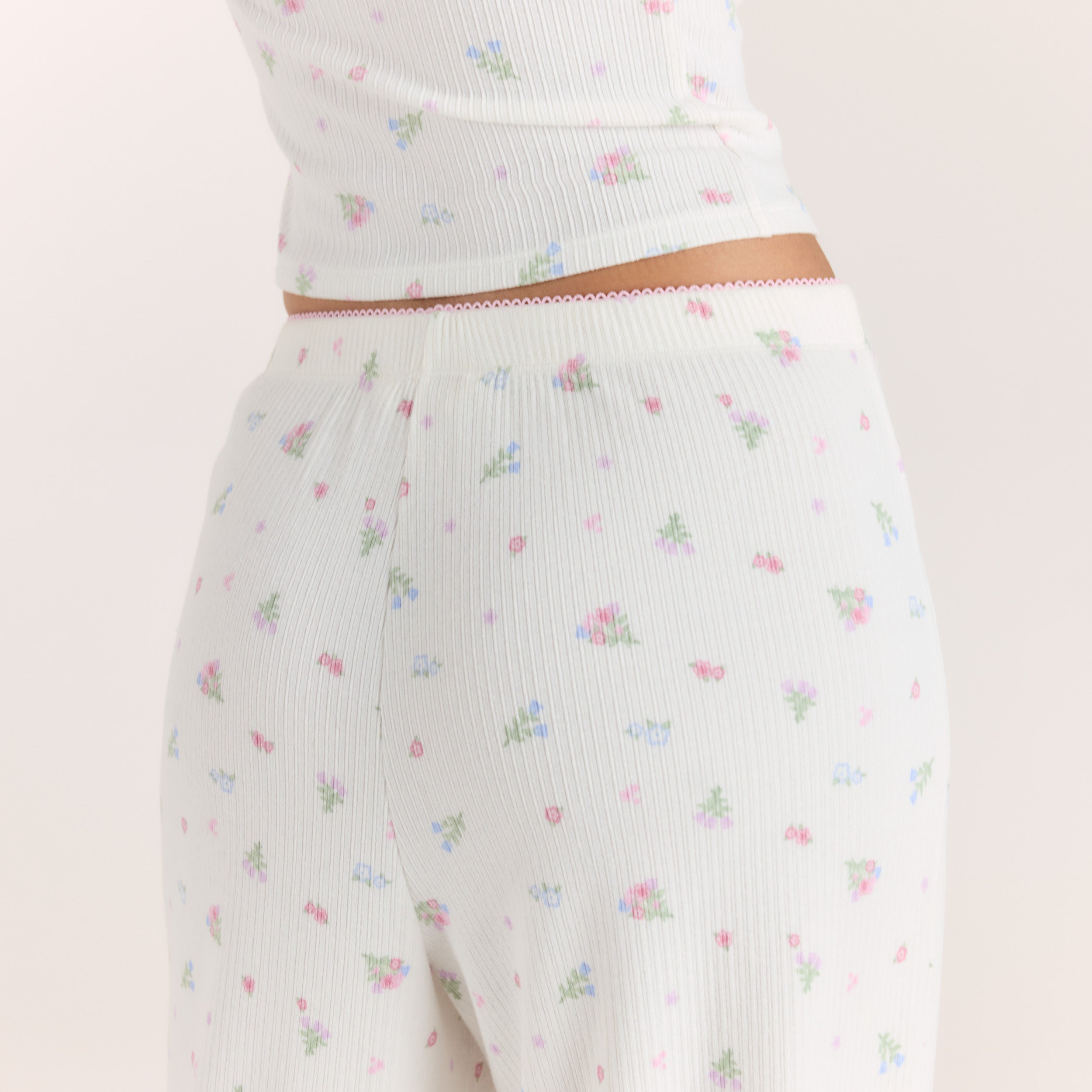 Ribbed Pyjama Broek | Ribbed Pyjama Broek - Witte Bloemenprint