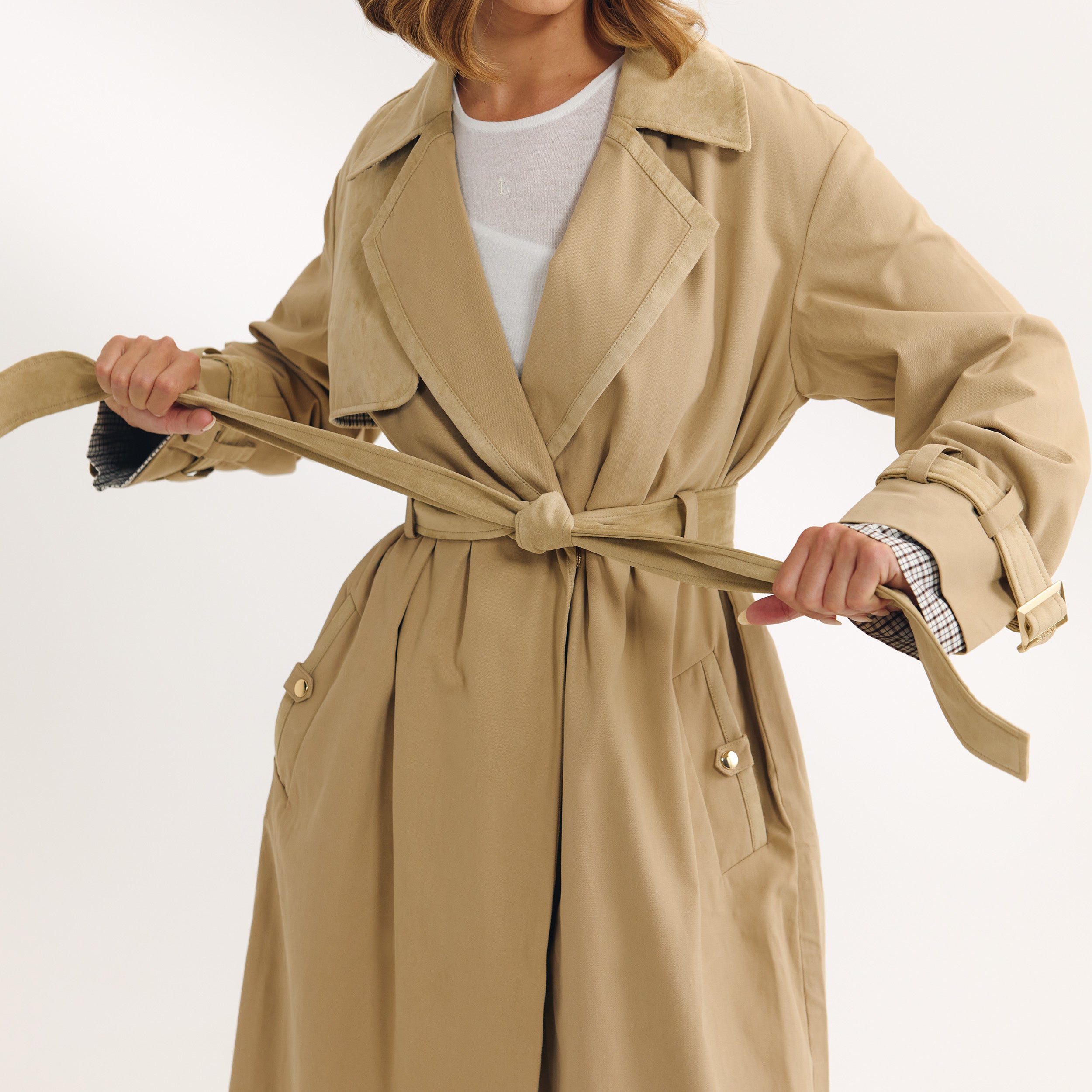 Suedette Trim Trenchcoat | Suedette Trim Trenchcoat - Zand