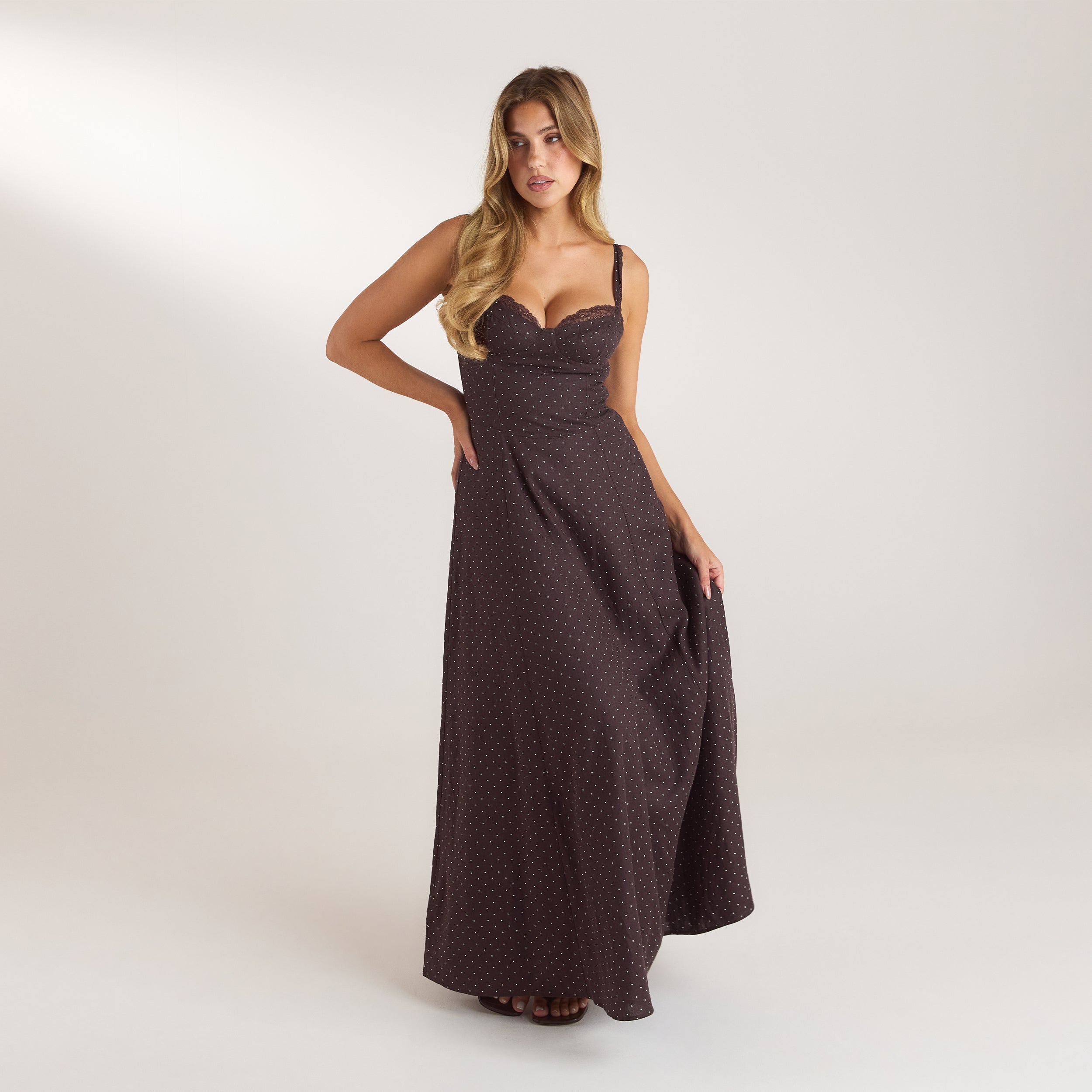 Lace Trim Maxijurk | Lace Trim Maxijurk - Chocolade Polka Dot